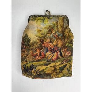 Vintage Tapestry Print Coin Purse Scenic Design Gold Frame